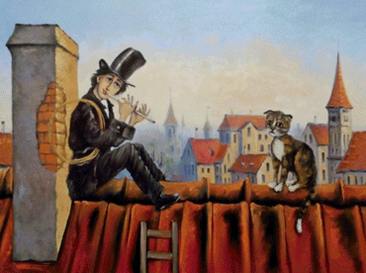 Влюблённый трубочист. По картине Яр. Чижевского - трубочист, крыши, кот, город - предпросмотр