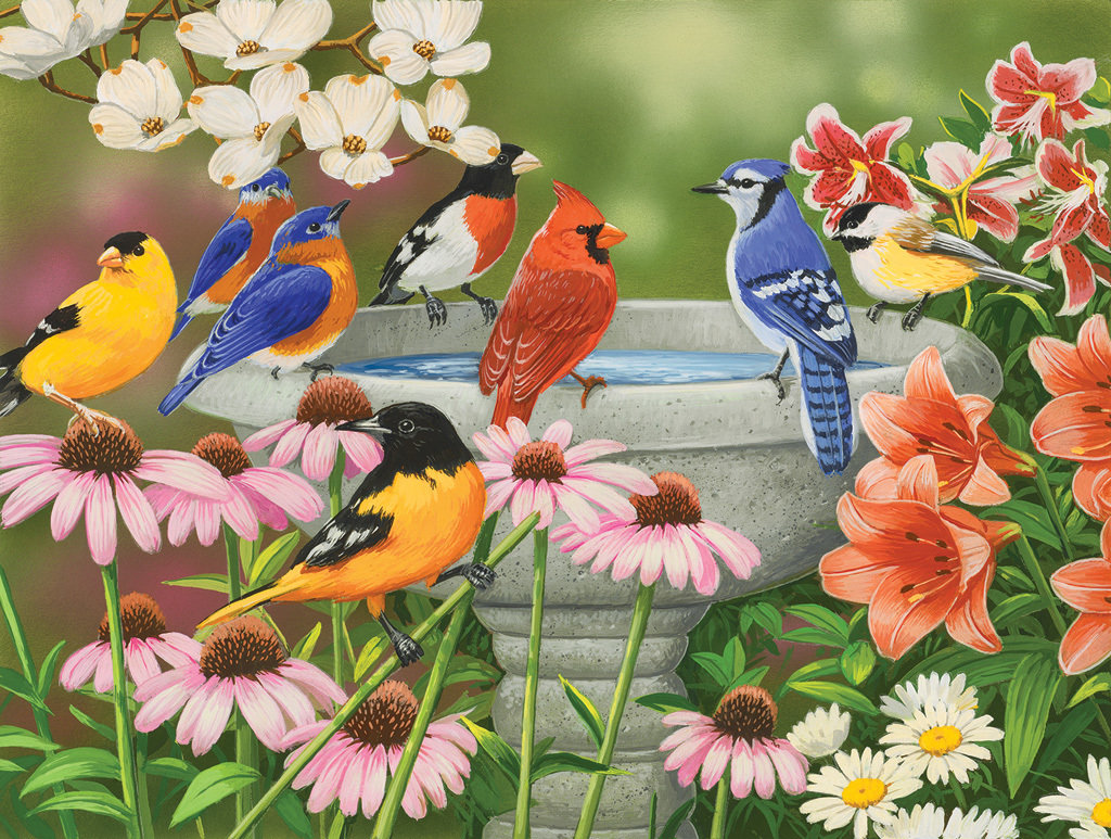Птички - природа, птички, птицы, рисунок, цветы - оригинал