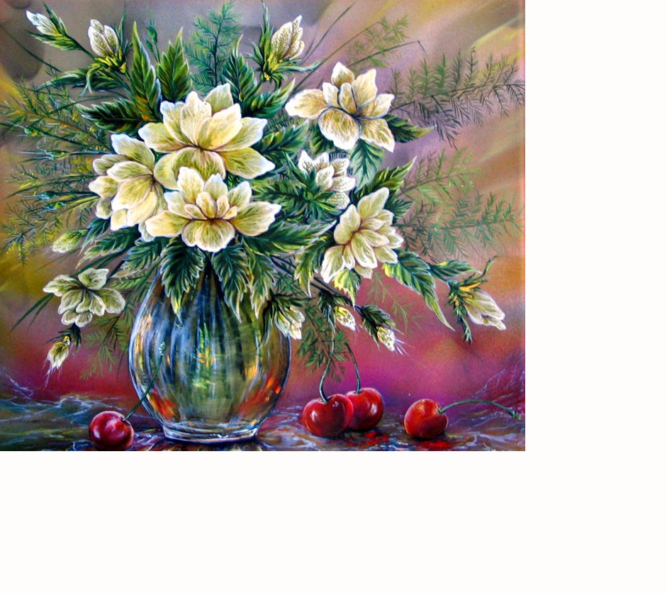 натюрморт с вишней - цветы, букеты, натюрморт, ваза, ягоды, вишня - оригинал