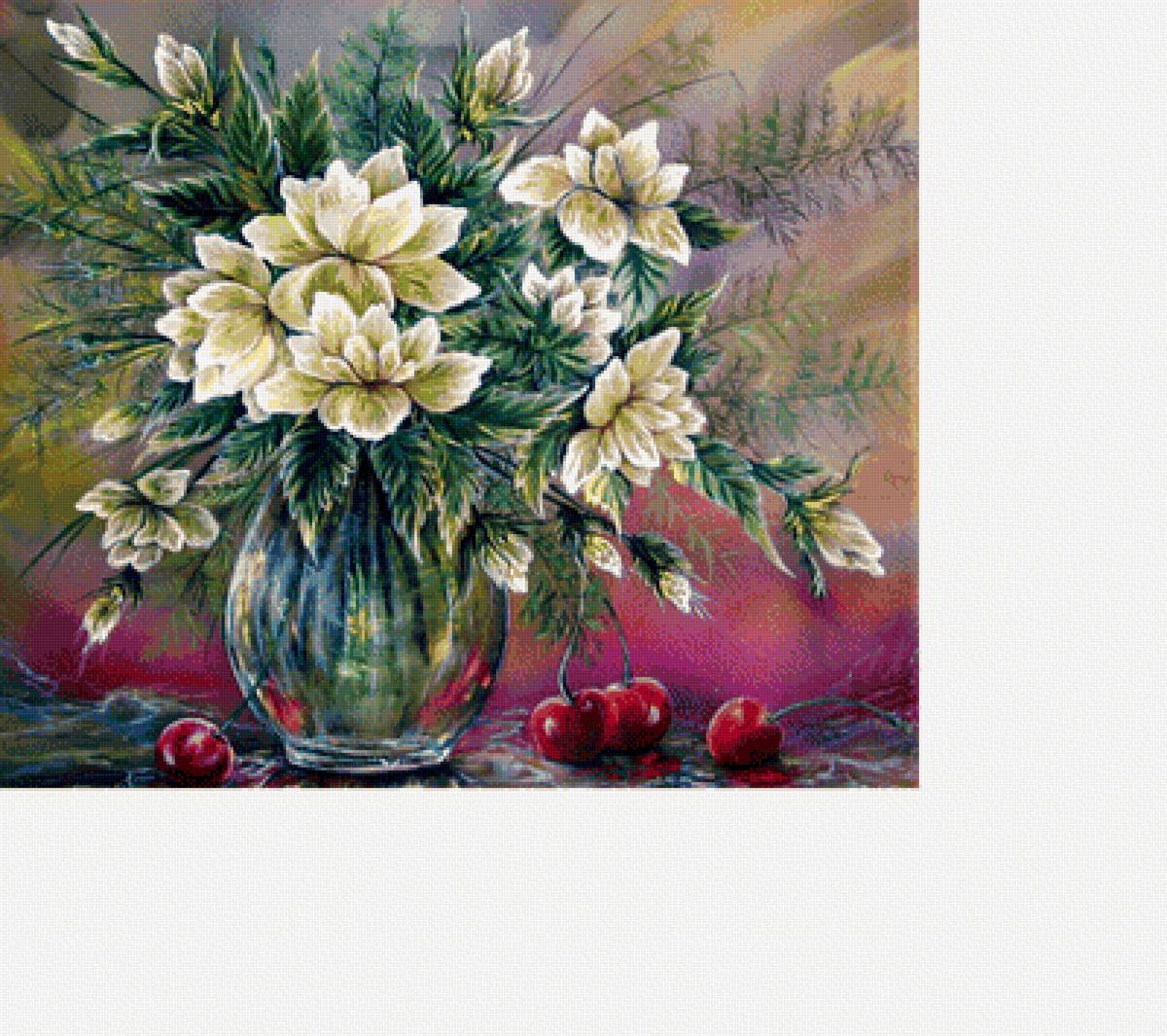 натюрморт с вишней - цветы, букеты, ваза, вишня, натюрморт, ягоды - предпросмотр