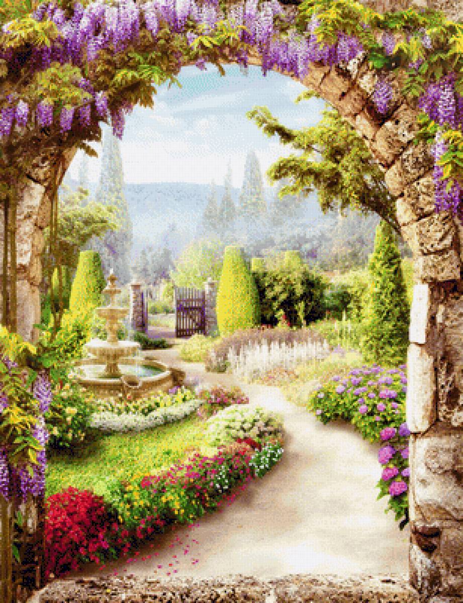 Цветущий сад - природа, пейзаж, лето, цветы, арка, сад, калитка, фонтан - предпросмотр