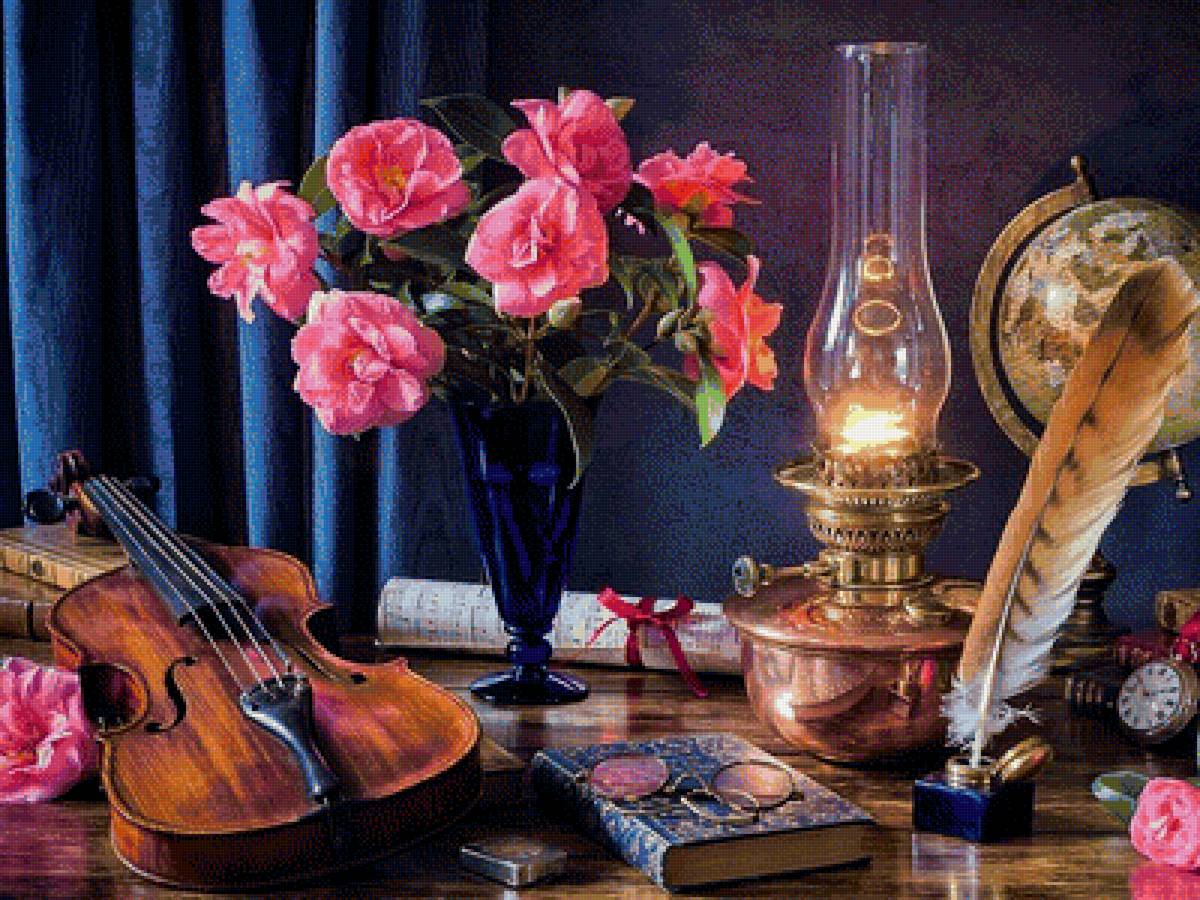 Натюрморт - цветы, букет, глобус, очки, книга, перо, скрипка, натюрморт - предпросмотр