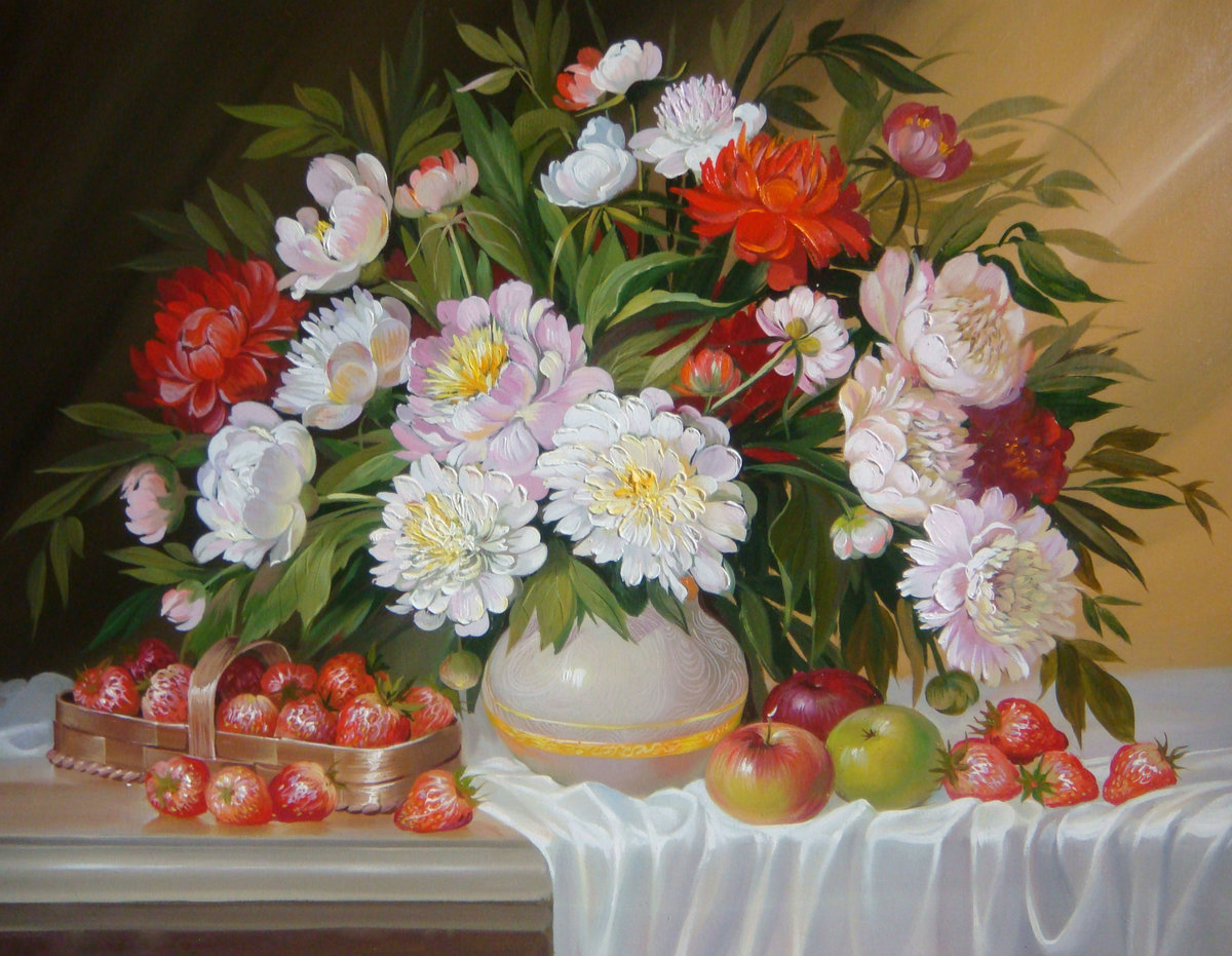 Натюрморт - пионы, яблоки, клубника, цветы, фрукты - оригинал