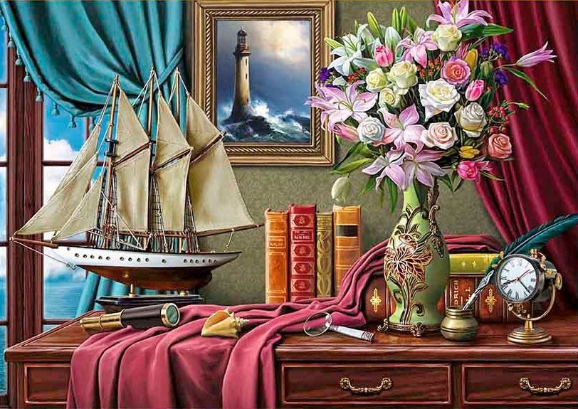 Морской натюрморт - кораблик, часы, стол, книги, букет - оригинал