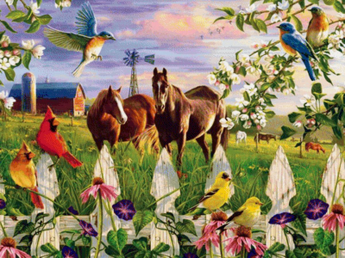 Птички - лошади, птички, цветы, птицы, рисунок, природа - предпросмотр