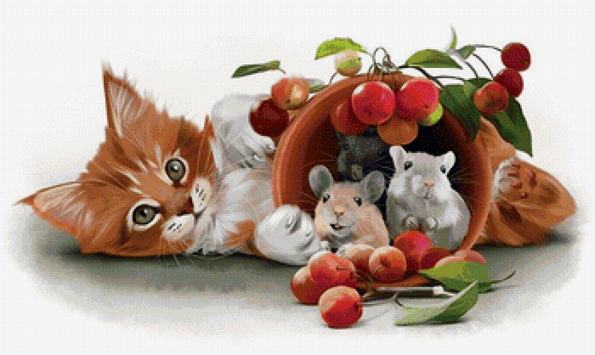 Урожай - рисунок, фрукты, мышки, кот, животные, котик - предпросмотр