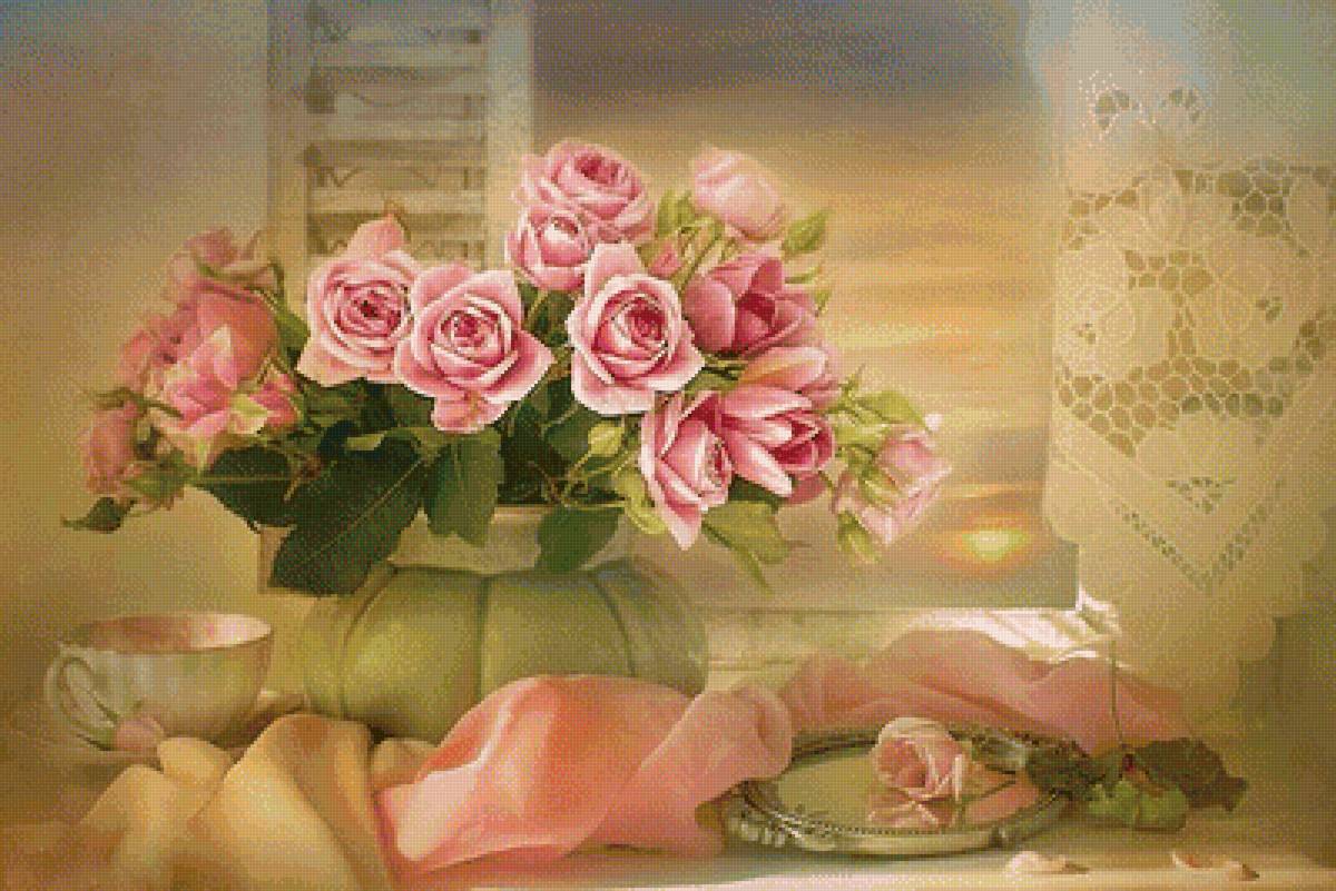 Розы у окна - зеркало, букет, натюрморт, розы, окно, цветы - предпросмотр