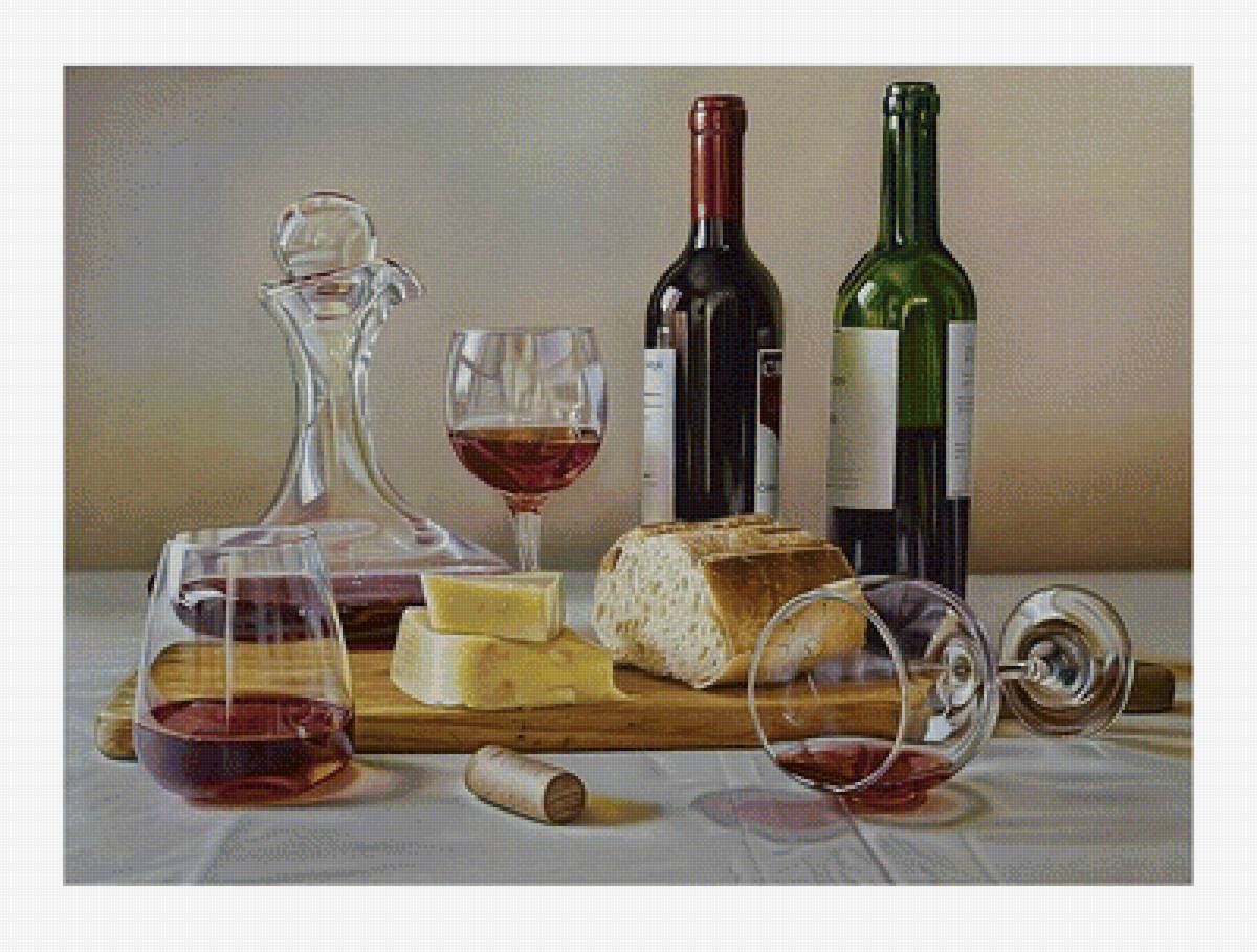 Натюрморт - сыр, бутылки, вино, бокалы - предпросмотр