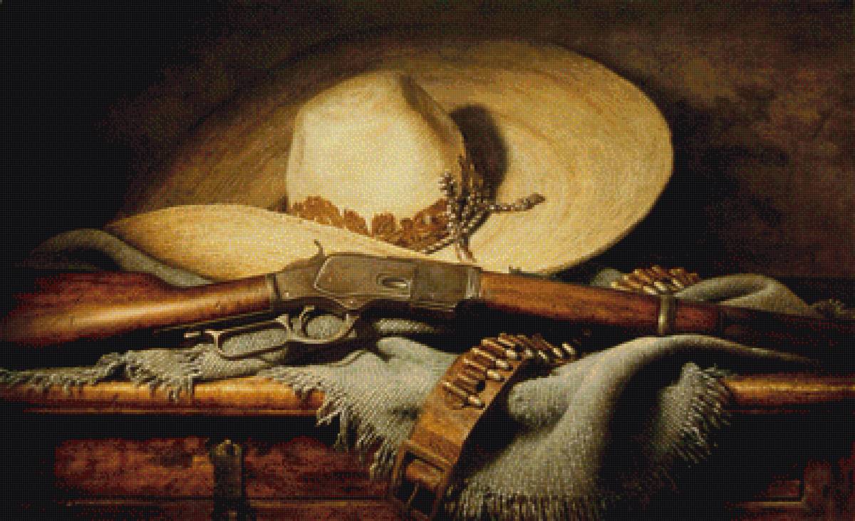 Ковбойский натюрморт - стол, ружье, шляпа - предпросмотр