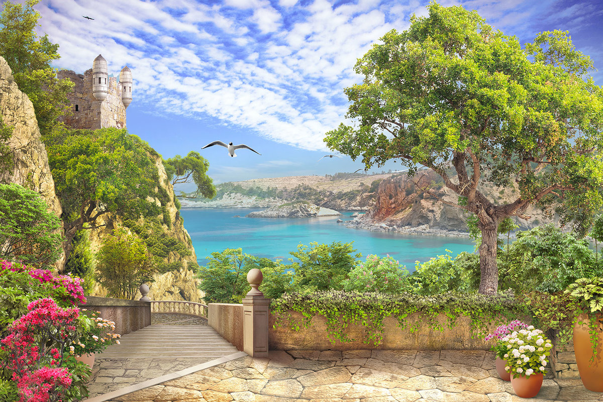 Морской пейзаж - лестница, цветы, лето, море, пейзаж, чайка, природа - оригинал