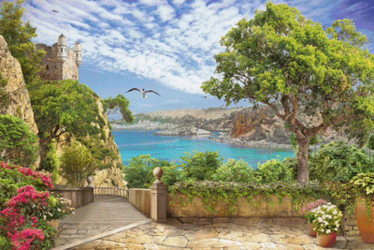 Морской пейзаж - море, пейзаж, цветы, лето, лестница, чайка, природа - предпросмотр