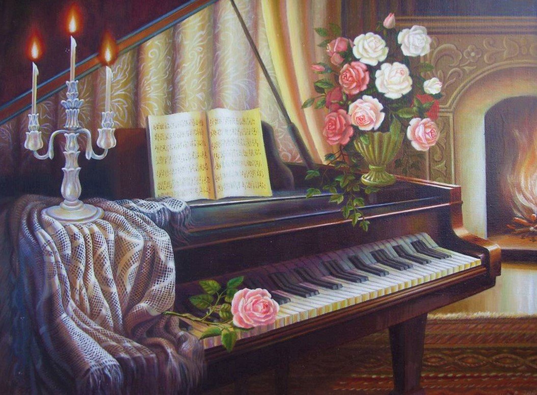 У рояля - камин, картина, цветы, ноты, свечи, букет, розы, рояль - оригинал