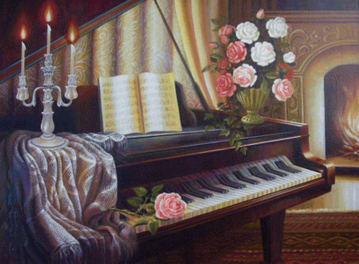 У рояля - цветы, розы, камин, картина, букет, рояль, ноты, свечи - предпросмотр