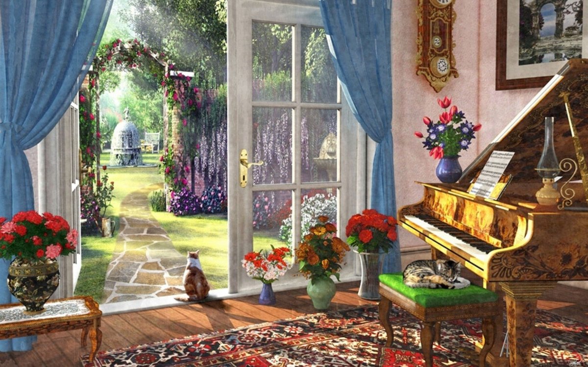 У рояля - кот, букет, рояль, картина, цветы, коты, сад - оригинал