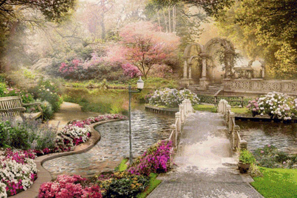 Цветущий сад - пейзаж, скамейка, лето, пруд, природа, сад, цветы - предпросмотр
