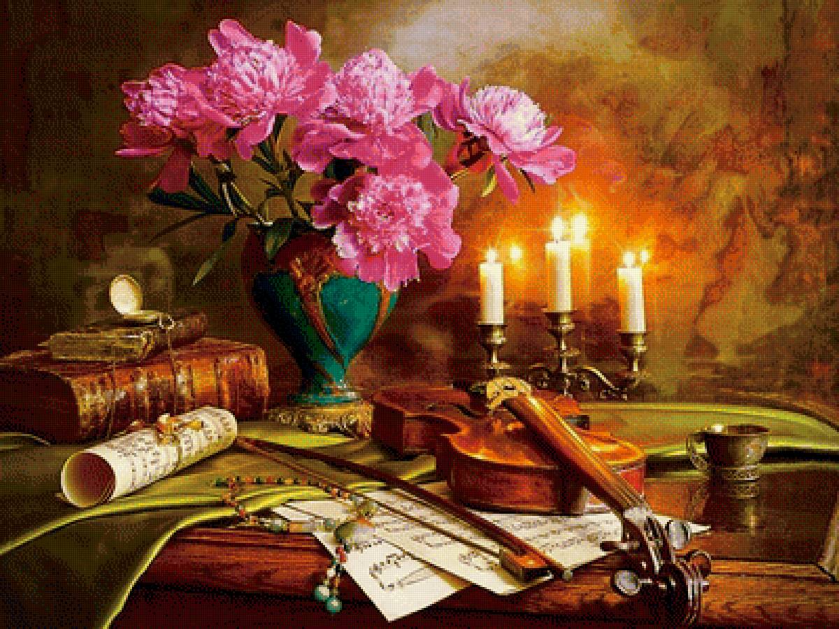 Натюрморт - букет, книги, ноты, цветы, скрипка, пионы, свечи, натюрморт - предпросмотр