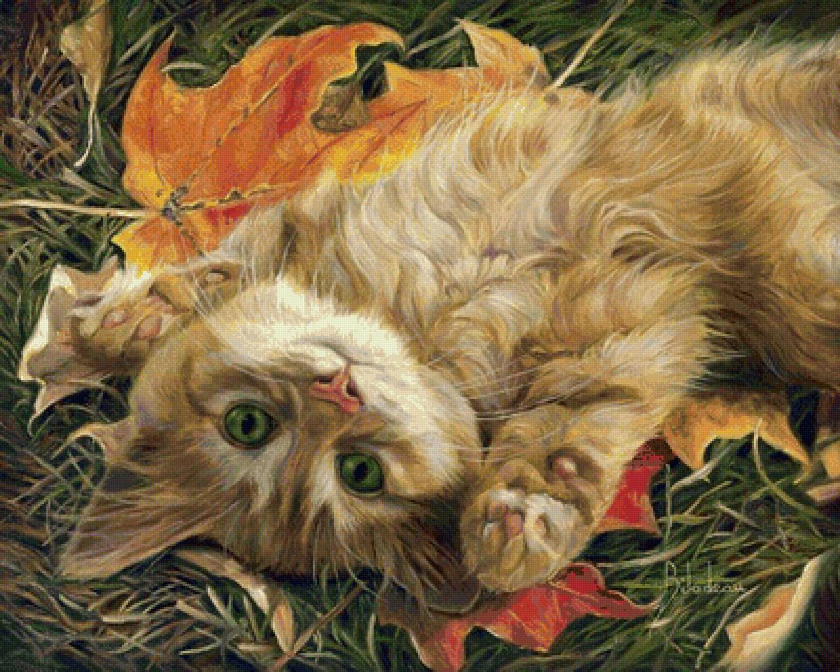 Котик - кот, рисунок, котик, листья, животные - предпросмотр