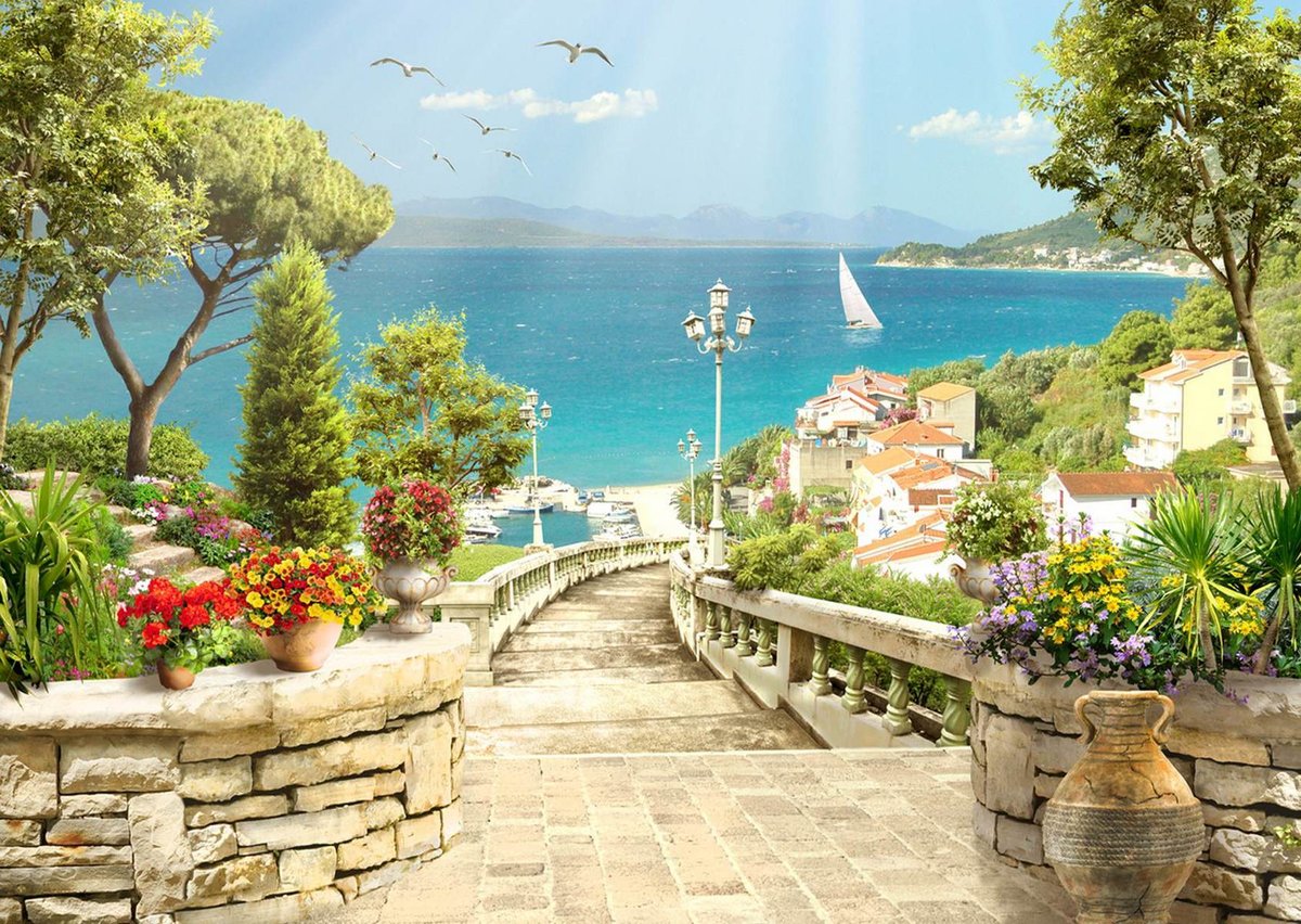 Город у моря - чайки, цветы, природа, лестница, пейзаж, море, город, лето - оригинал