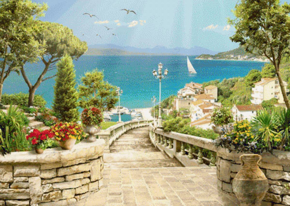 Город у моря - лестница, природа, цветы, чайки, море, лето, пейзаж, город - предпросмотр