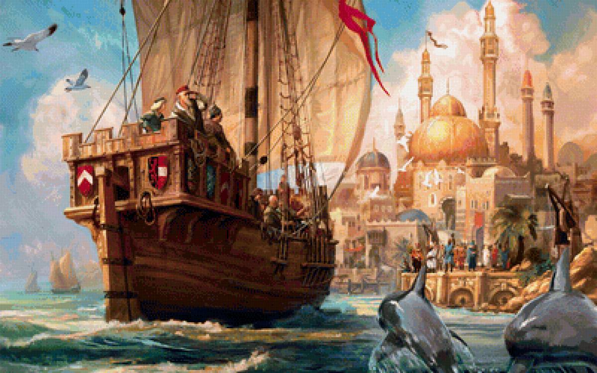 Море и Синдбадов корабль - корабль, море, люди, дельфины, город - предпросмотр