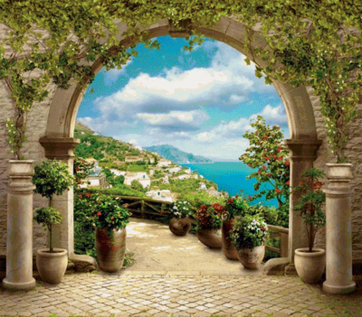 Город у моря - природа, море, цветы, лето, город, арка, пейзаж - предпросмотр