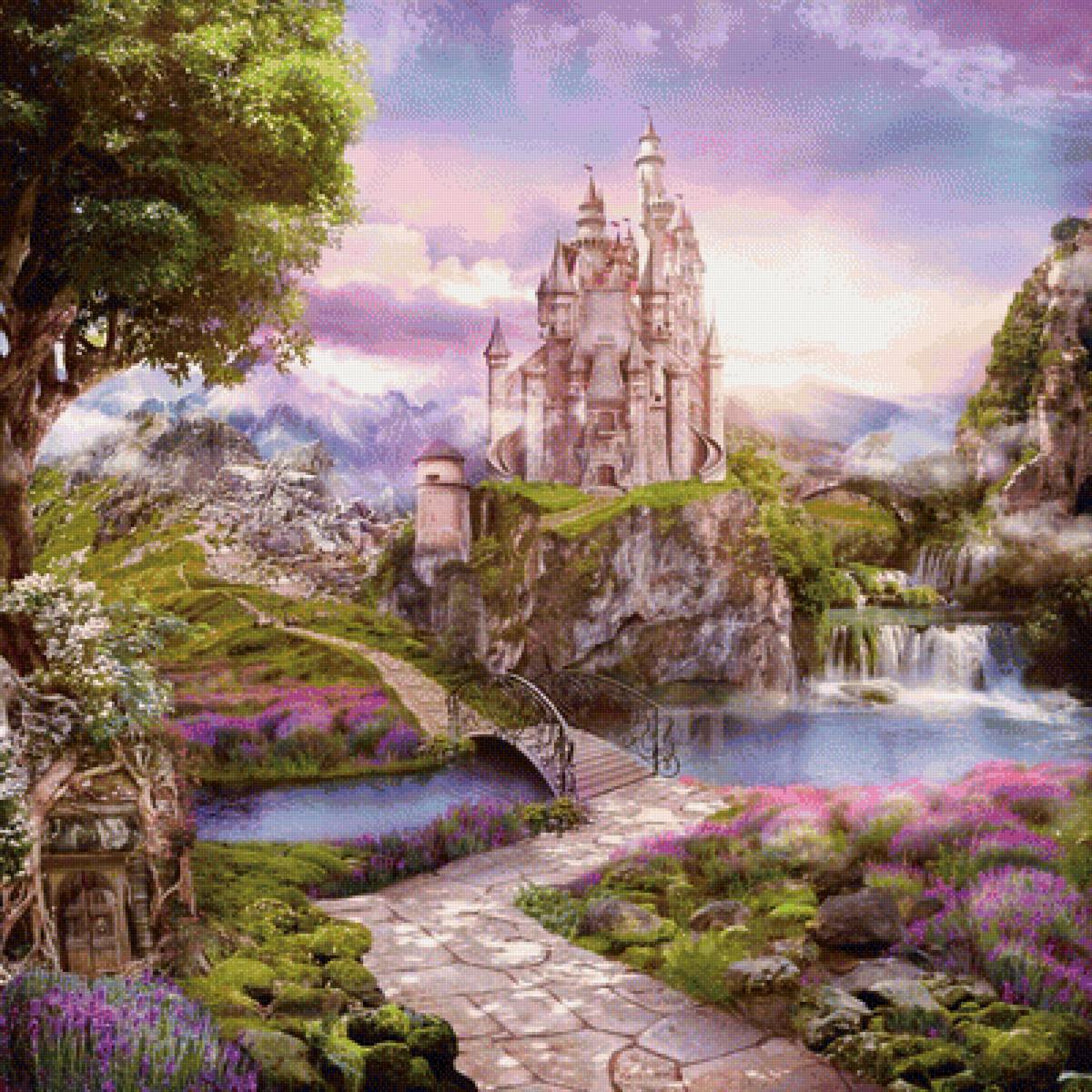 Сказочный замок - река, замок, водопад, пейзаж, природа, мостик, горы - предпросмотр