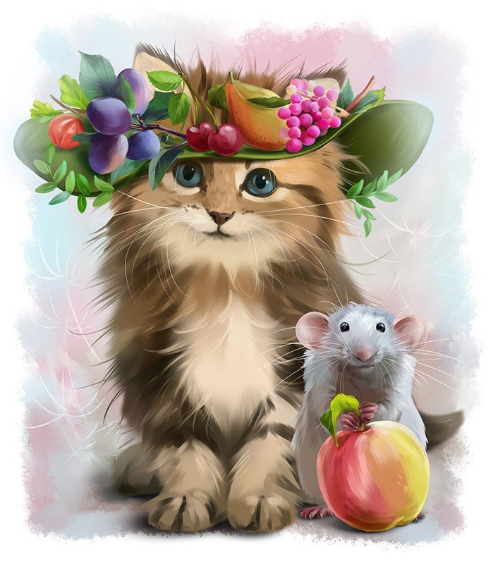 Кошечка - животные, кошечка, кошка, рисунок, яблоко, мышка - оригинал