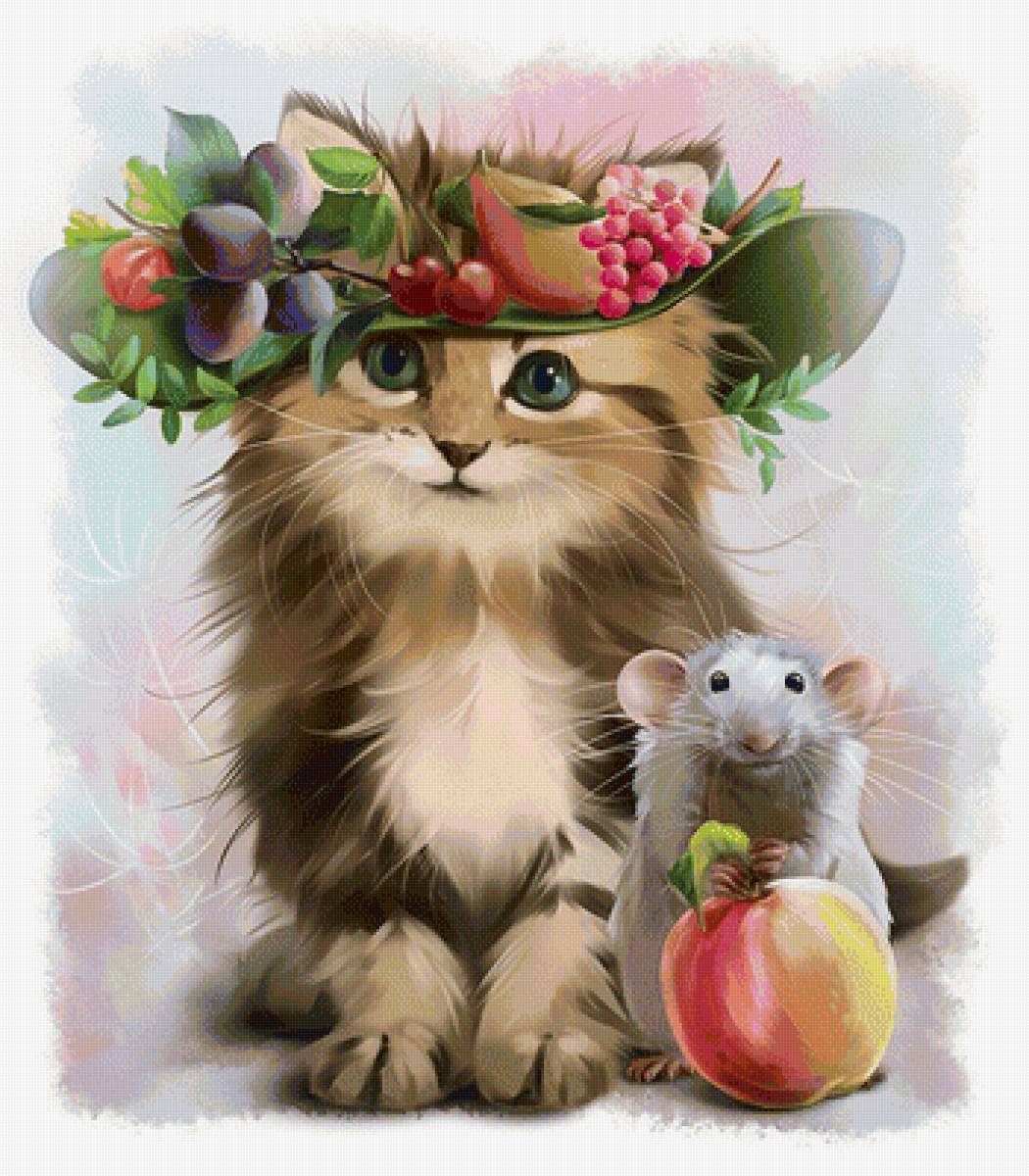 Кошечка - кошечка, рисунок, кошка, мышка, яблоко, животные - предпросмотр