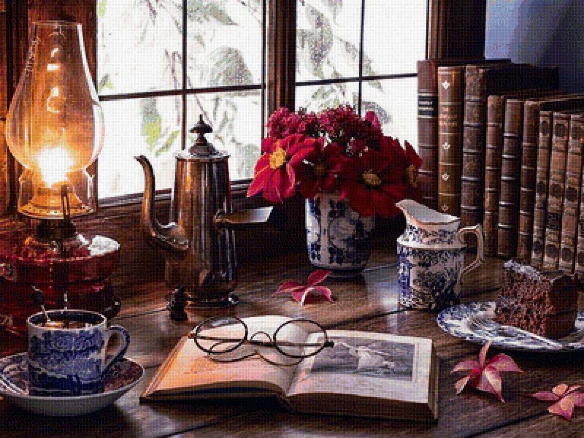 У окна - книги, книга, десерт, натюрморт, окно, очки, цветы - предпросмотр