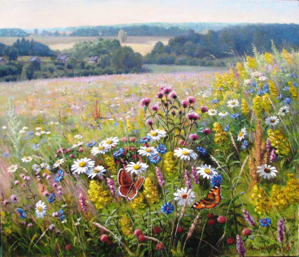 пейзаж - пейзаж, бабочки, цветы, поле - оригинал