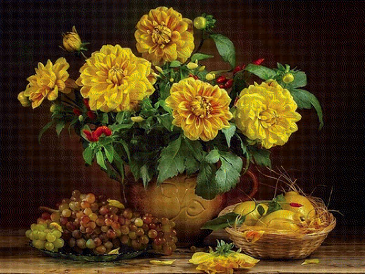 Жёлтые георгины - натюрморт, цветы, георгины, виноград, лимон, букет, фрукты - предпросмотр