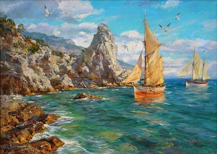 Сергей Свиридов - чайки, море, яхты, паруса - оригинал