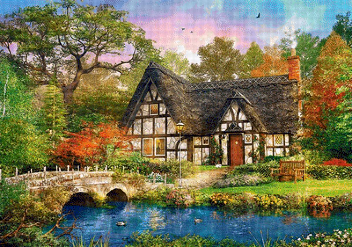 Домик у пруда - дом, пруд, мост, пейзаж, природа, домик - предпросмотр