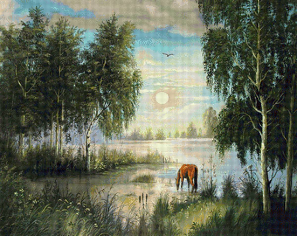 Лето - лошадь, природа, пейзаж лето, вода - предпросмотр