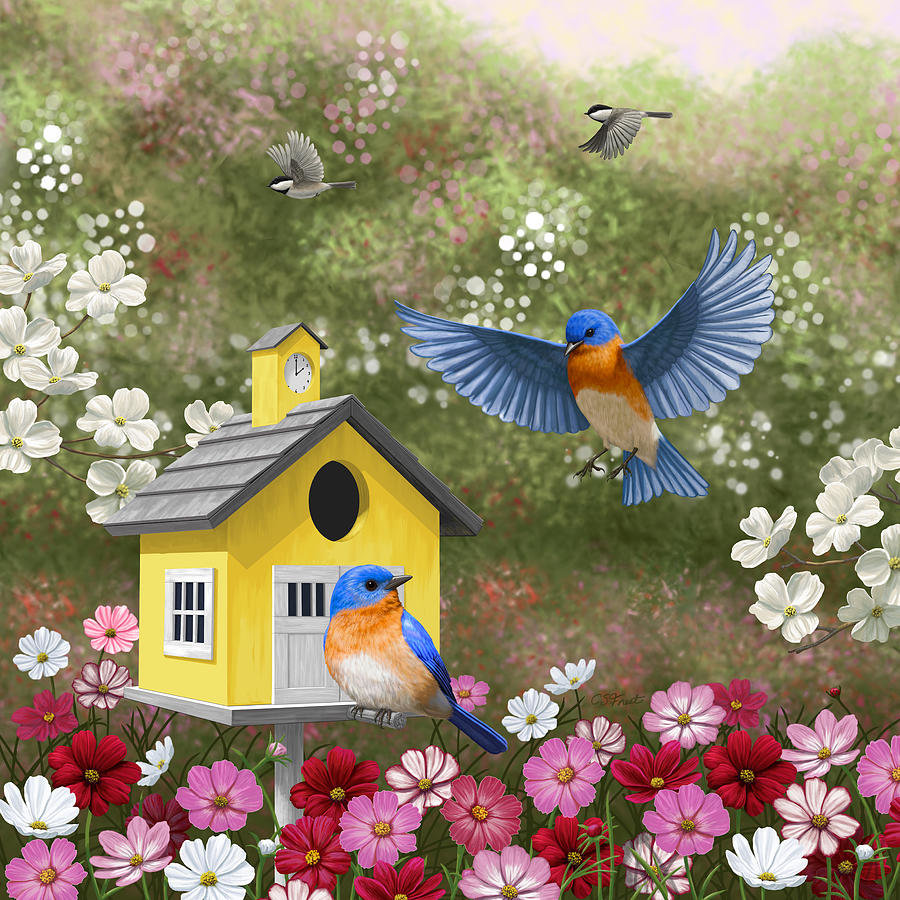 Птички - птички, природа, птицы, рисунок, цветы - оригинал