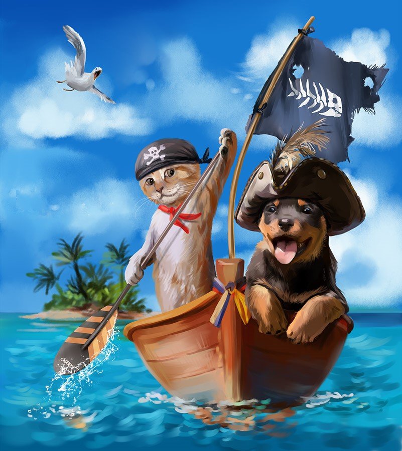 Пираты - собака, лето, рисунок, лодка, чайка, море, кот - оригинал