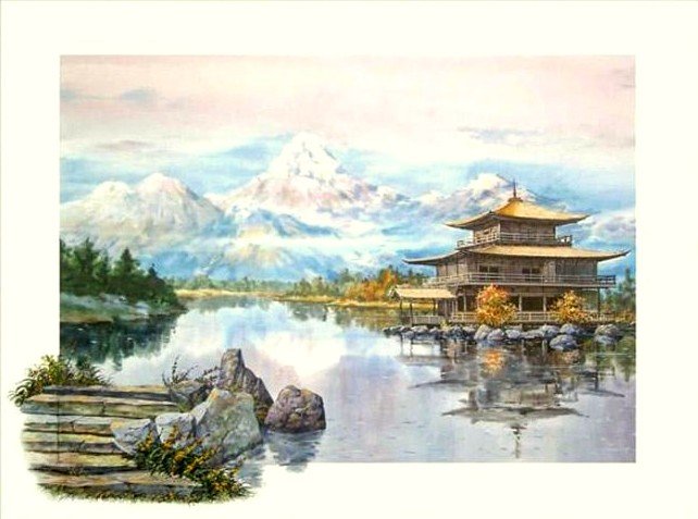 Пагода, худ. С.Кроповинский - япония, пагода, озеро, горы - оригинал