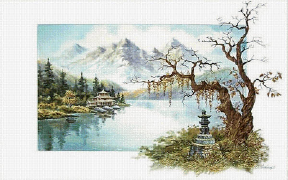 Япония, тишина. Худ С.Кроповинский - дерево, озеро, пагода, япония, горы - предпросмотр