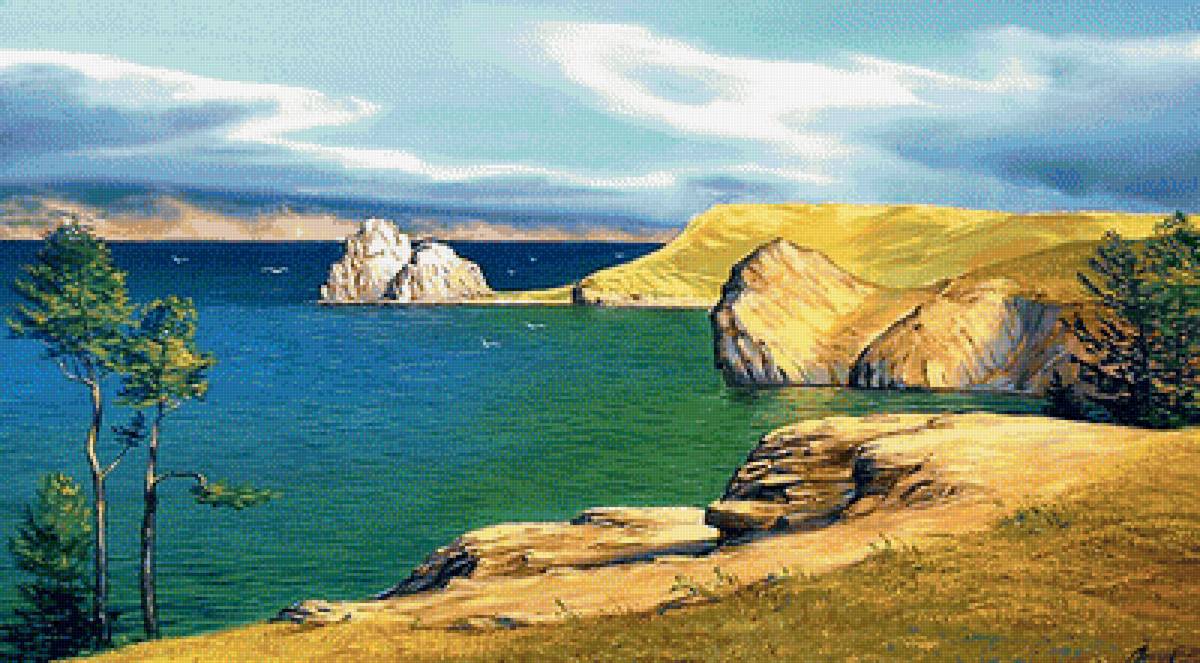 Байкал. Худ.  Сергей Белов - берег, озеро, сосны - предпросмотр