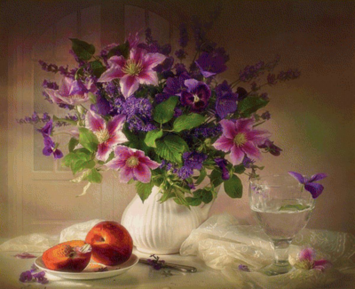 Цветы - букет, цветы, бокал, фрукты, персики, натюрморт - предпросмотр