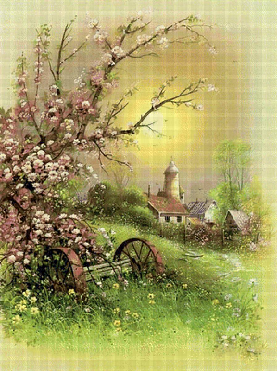 Пейзаж - домик, пейзаж, цвет, природа, цветение, весна - предпросмотр