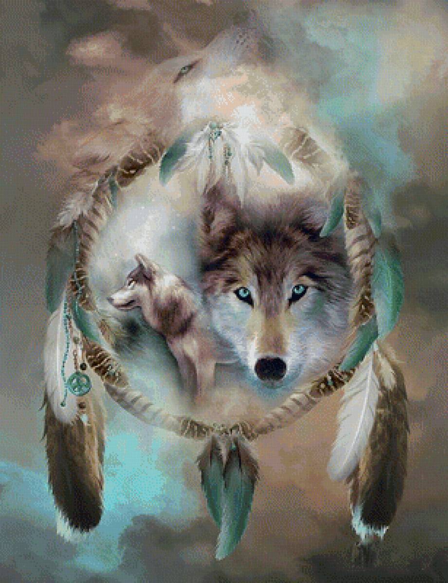 Ловец снов - волк, волки, ловец снов, животные, рисунок - предпросмотр