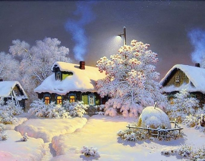 Зимний вечер в деревне - вечер, зима, деревня, снег, зимний пейзаж - оригинал