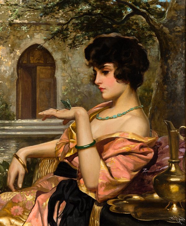 Девушка с бабочкой. Худ.  Гарольд Пиффард - дворик, бабочка, сад, ваза, девушка - оригинал