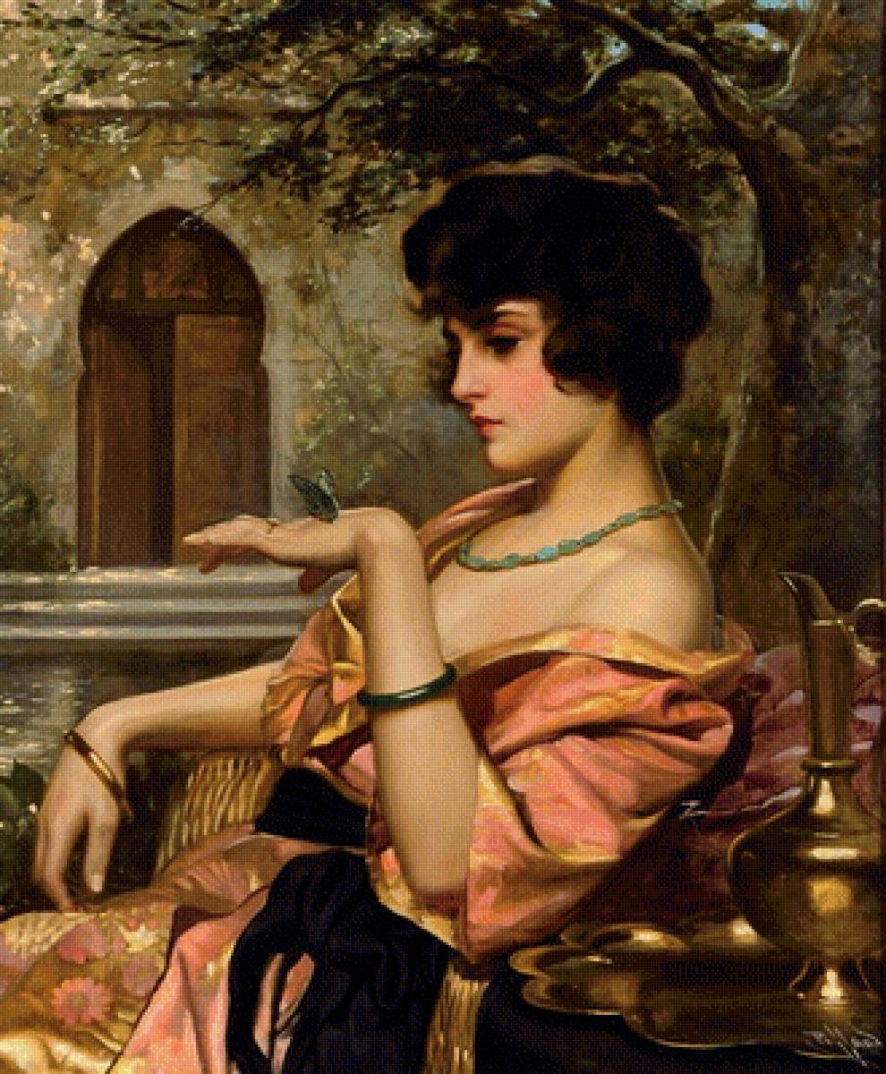 Девушка с бабочкой. Худ.  Гарольд Пиффард - ваза, девушка, бабочка, сад, дворик - предпросмотр