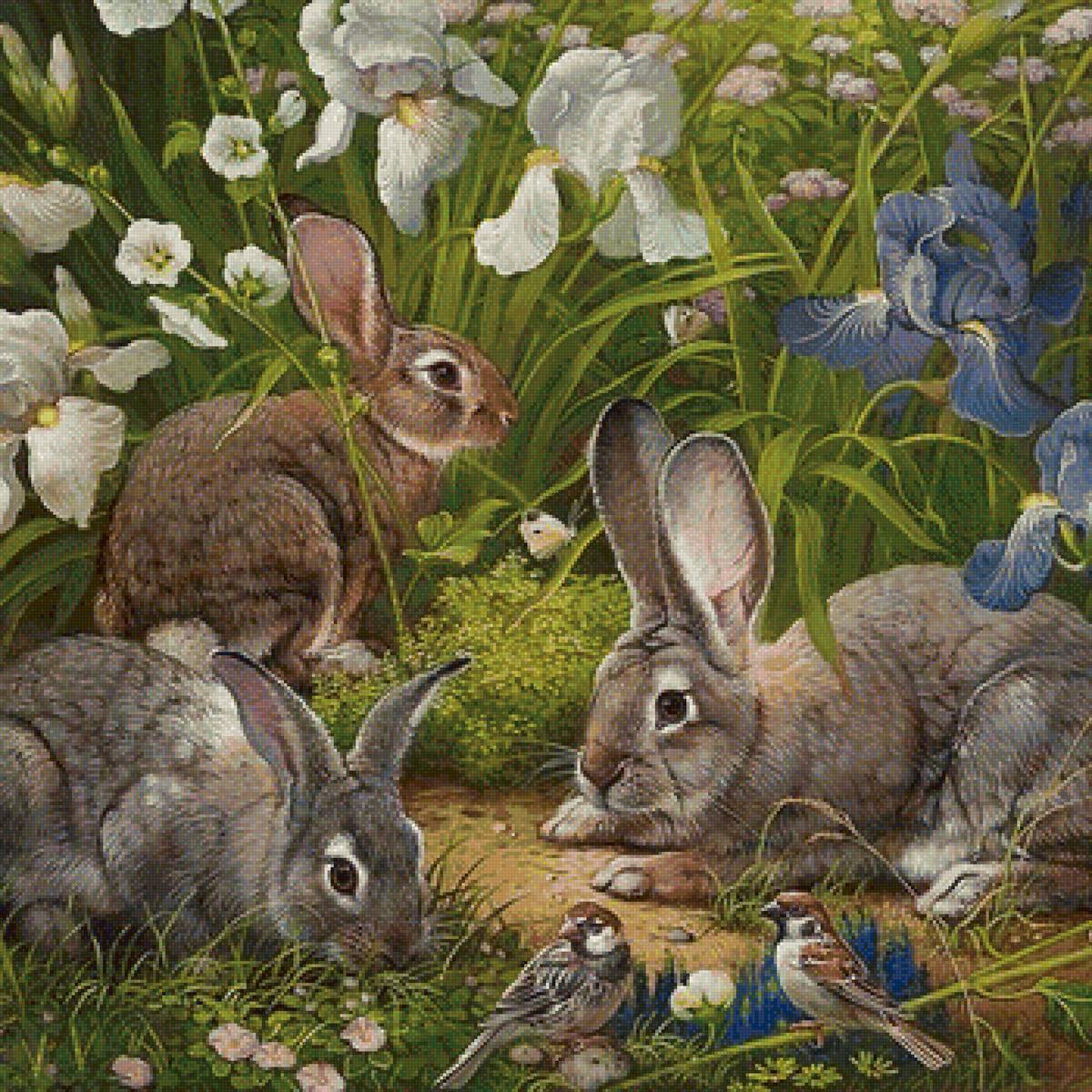 Кролики - животные, птички, кролики, кролик, рисунок, воробьи, цветы - предпросмотр
