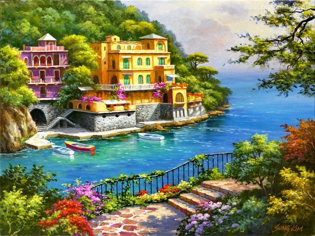 На побережье - лодки, берег, море, дома - оригинал