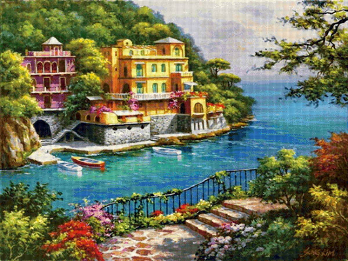 На побережье - берег, лодки, дома, море - предпросмотр