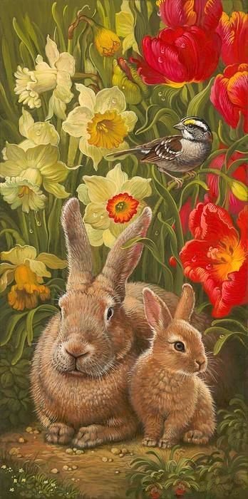 Кролики - рисунок, животные, кролики, цветы, птичка, кролик - оригинал