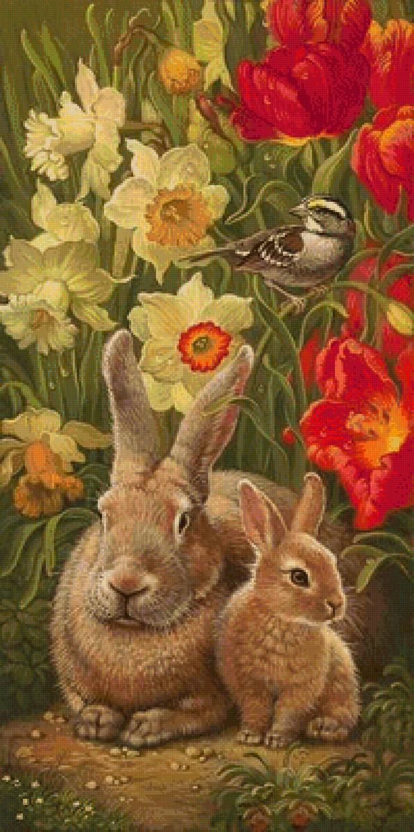 Кролики - кролики, цветы, птичка, рисунок, кролик, животные - предпросмотр